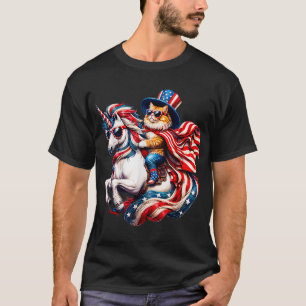 Cat Riding Unicorn Usa Flag Patriotic 4Th Of July T-Shirt