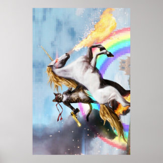 Cat Riding Unicorn with Gun Poster