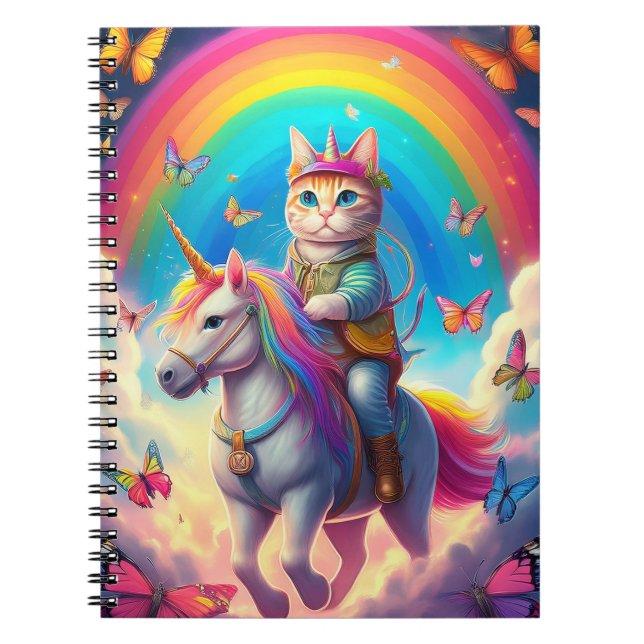 Cat Riding Unicorn with Rainbows and Butterflies Notebook (Front)