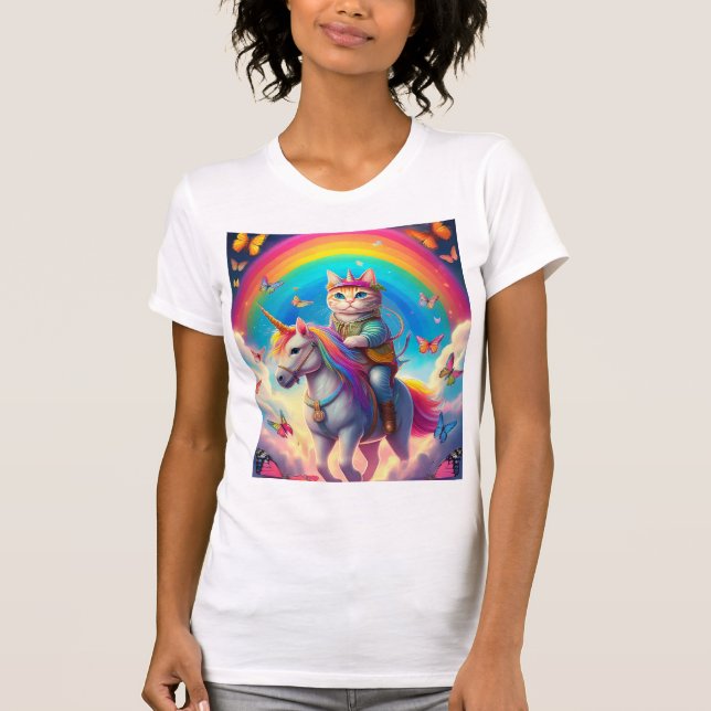 Cat Riding Unicorn with Rainbows and Butterflies T-Shirt (Front)