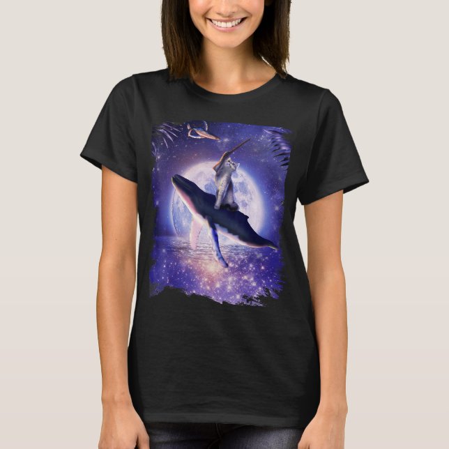 Cat Riding Whale In Space Moon T-Shirt (Front)