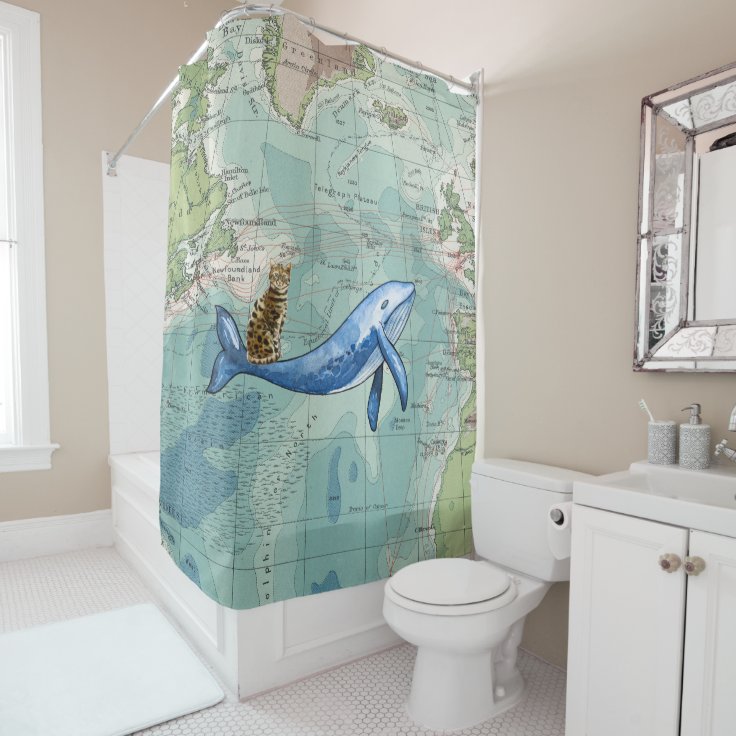 Cat Riding Whale Shower Curtain Zazzle