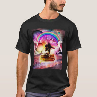 Cat Riding Wolf With Pancakes And Milkshake T-Shirt
