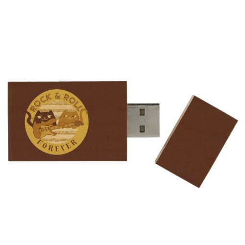 Cat Rock N Roll Forever Music Guitar Golden Brown Wood USB Flash Drive