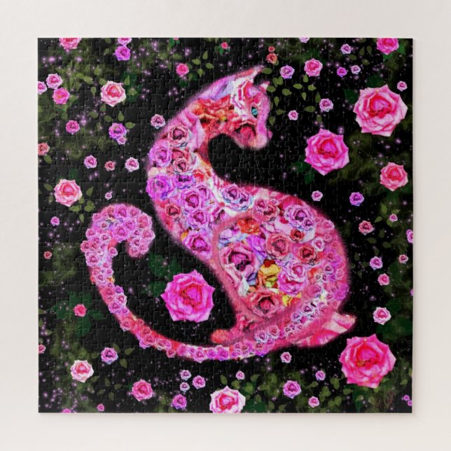 Cat Roses Jigsaw Puzzle - Painting - Pink (Vertical)