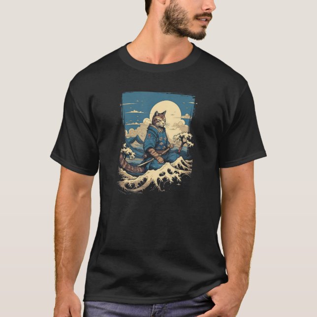 Cat Samurai & The Great Wave  Enchanting Japanese  T-Shirt (Front)