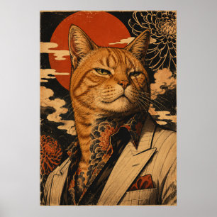 Cat Samurai Vintage Japanese Poster