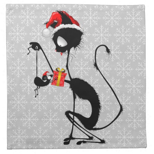 Cat Santa and Mouse with Christmas Gift  Cloth Napkin