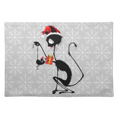 Cat Santa and Mouse with Christmas Gift  Cloth Placemat