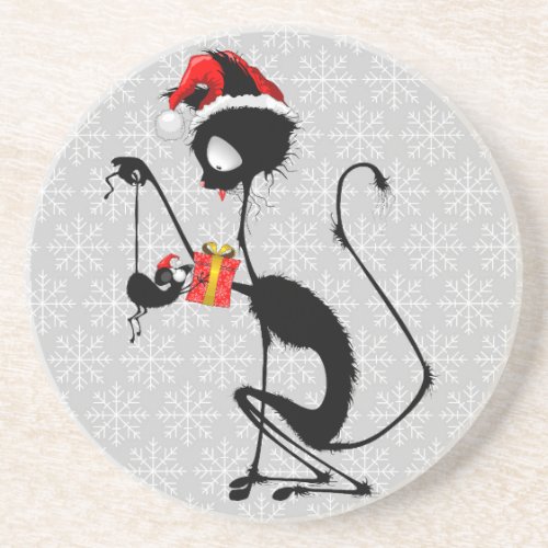 Cat Santa and Mouse with Christmas Gift  Coaster