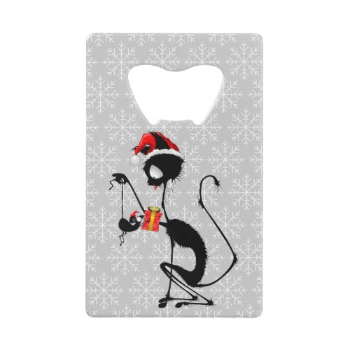 Cat Santa and Mouse with Christmas Gift  Credit Card Bottle Opener