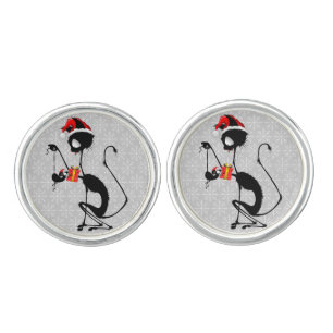 Cat Santa and Mouse with Christmas Gift Cufflinks