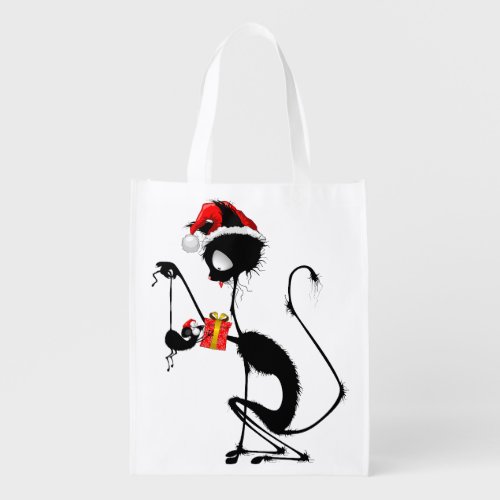 Cat Santa and Mouse with Christmas Gift  Grocery Bag