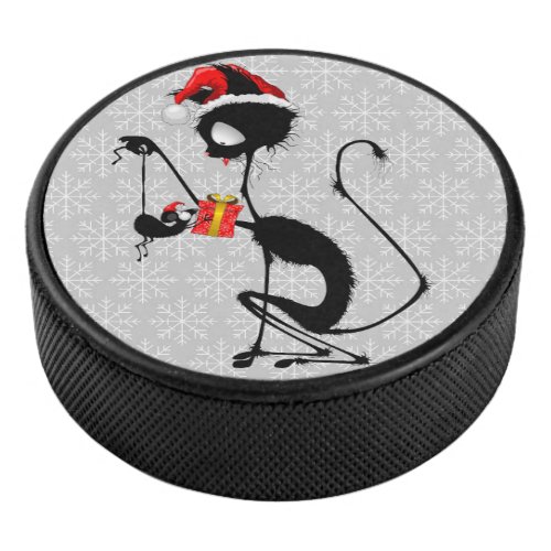 Cat Santa and Mouse with Christmas Gift  Hockey Puck