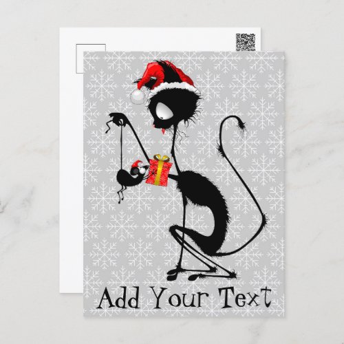 Cat Santa and Mouse with Christmas Gift  Holiday Postcard
