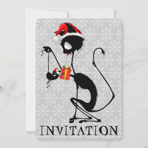 Cat Santa and Mouse with Christmas Gift  Invitation