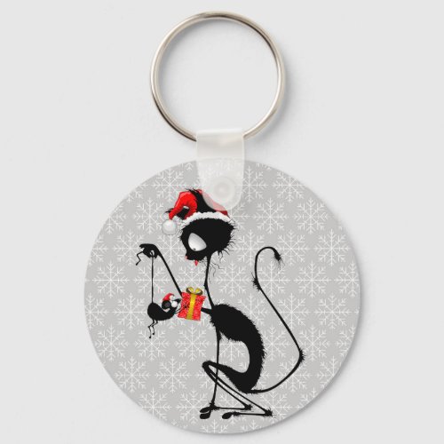 Cat Santa and Mouse with Christmas Gift  Keychain
