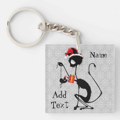 Cat Santa and Mouse with Christmas Gift  Keychain