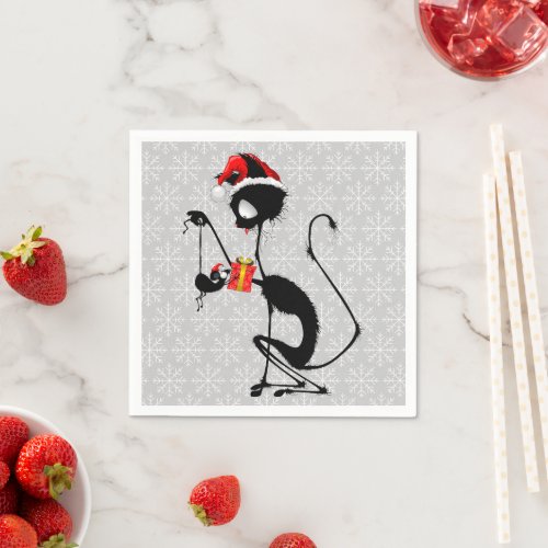 Cat Santa and Mouse with Christmas Gift  Napkins