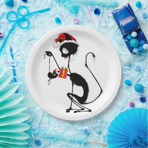 Cat Santa and Mouse with Christmas Gift  Paper Plates