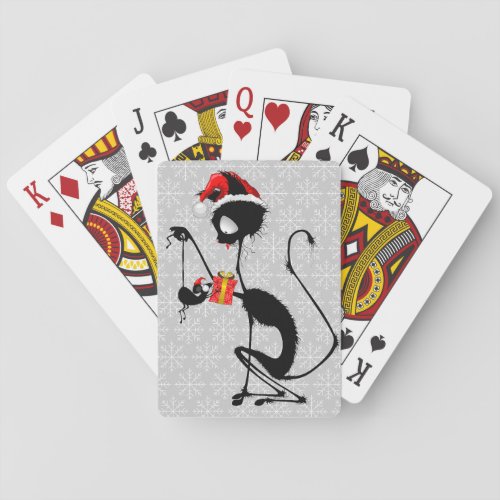 Cat Santa and Mouse with Christmas Gift  Playing Cards