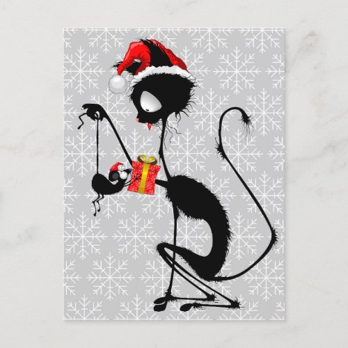Cat Santa and Mouse with Christmas Gift  Postcard