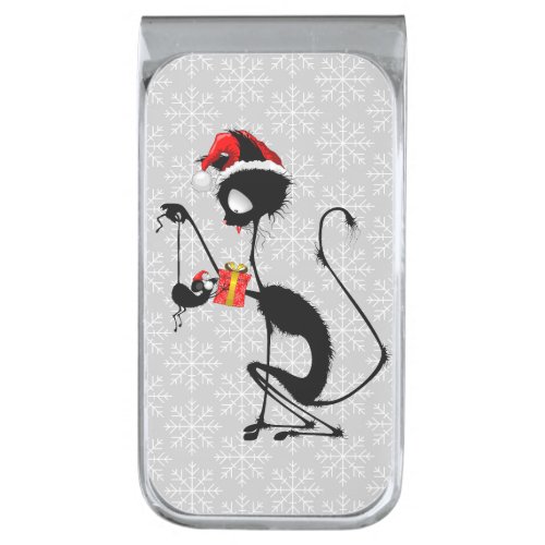 Cat Santa and Mouse with Christmas Gift  Silver Finish Money Clip