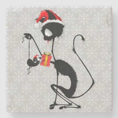 Cat Santa and Mouse with Christmas Gift  Stone Coaster