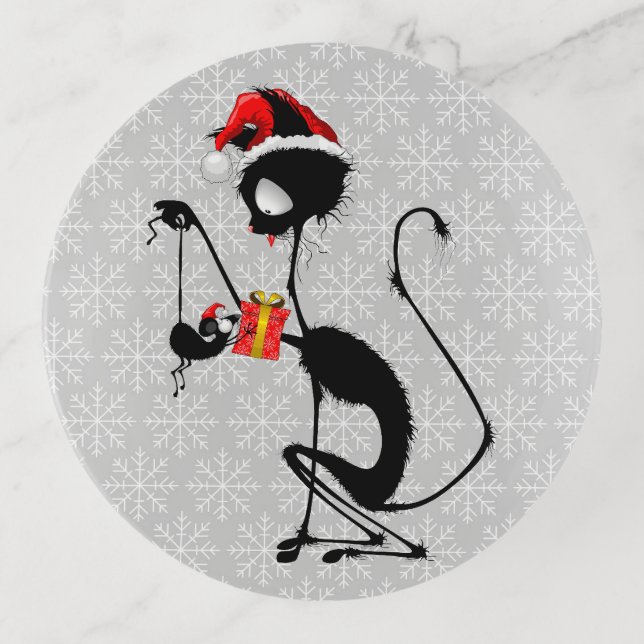 Cat Santa and Mouse with Christmas Gift  Trinket Tray (Front)