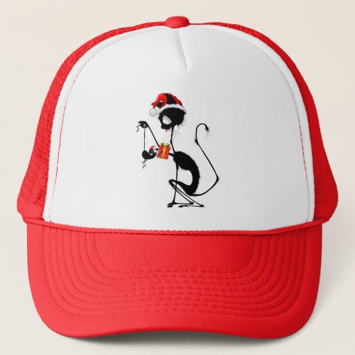 Cat Santa and Mouse with Christmas Gift  Trucker Hat