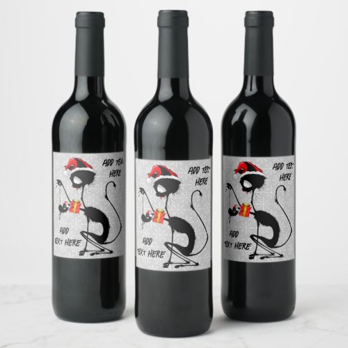 Cat Santa and Mouse with Christmas Gift  Wine Label