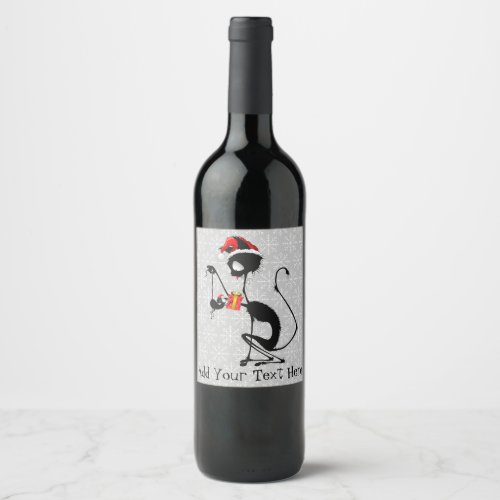 Cat Santa and Mouse with Christmas Gift  Wine Label