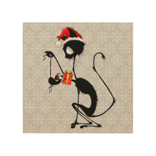 Cat Santa and Mouse with Christmas Gift  Wood Wall Art