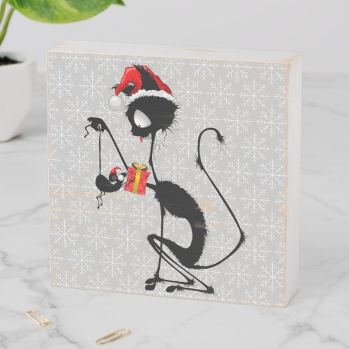 Cat Santa and Mouse with Christmas Gift  Wooden Box Sign