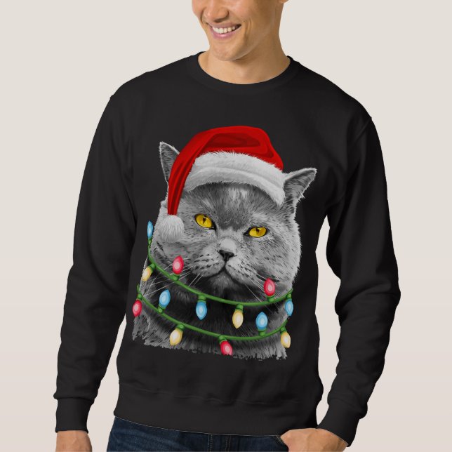 Cat Santa Christmas Tree Lights Xmas Girls Boys Me Sweatshirt (Front)
