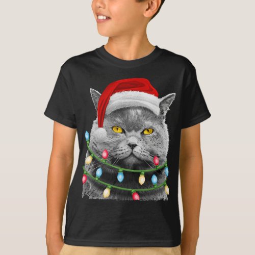 Cat Santa Christmas Tree Lights Xmas Girls Boys Me T_Shirt
