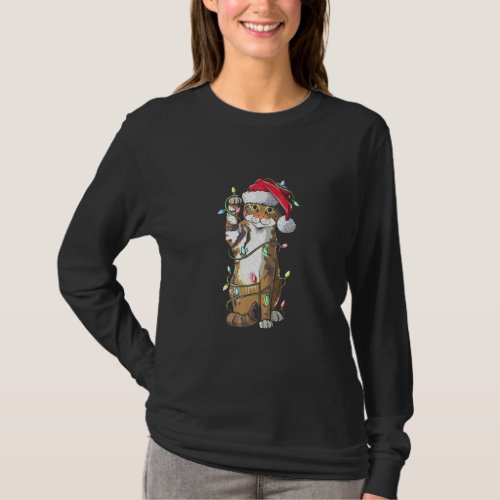 Cat Santa Claus Hat Christmas Lights Funny Cat Xma T_Shirt