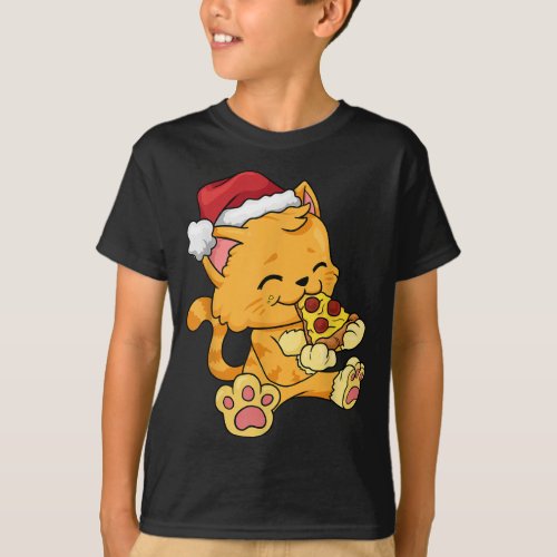 Cat Santa Claus Hat Eating Pizza Funny Christmas X T_Shirt