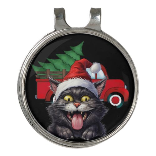 Cat Santa Claus  red truck Christmas for golfer Golf Hat Clip