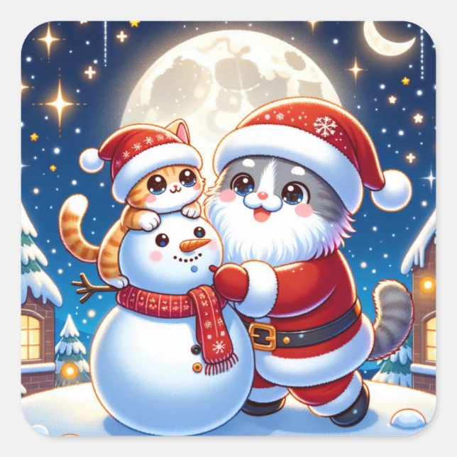 Cat Santa Claus Square Sticker (Front)