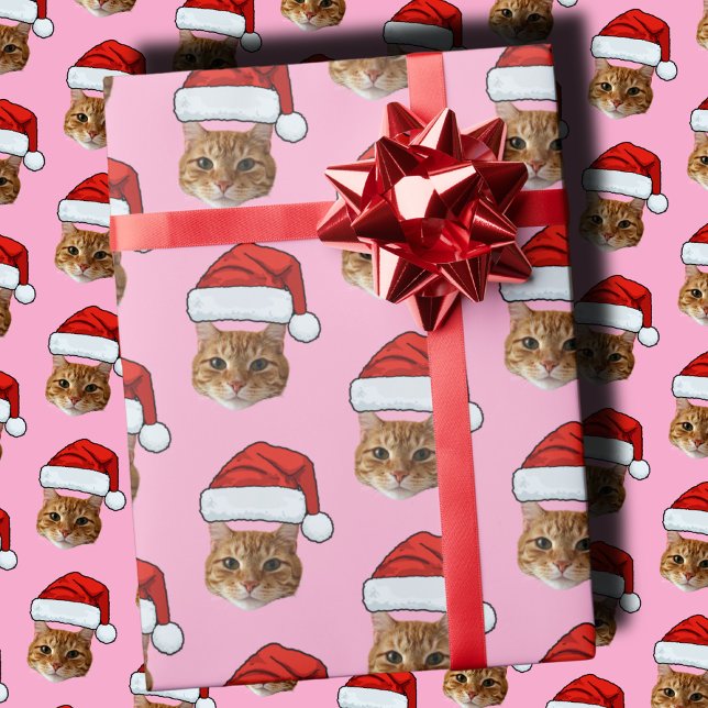 Cat Santa Hat | Custom Face Photo Pink Christmas Wrapping Paper (Creator Uploaded)
