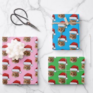 Cat Santa Hat Custom Face Photo Pink Christmas Wrapping Paper Sheets
