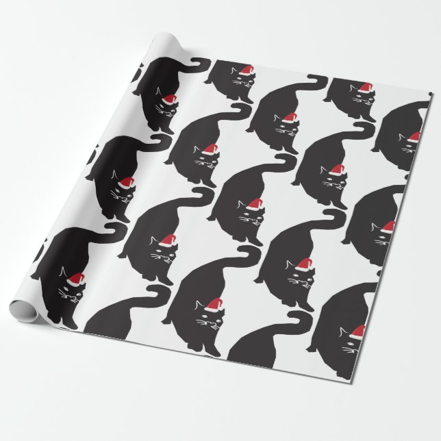 Cat Santa Hat Wrapping Paper (Unrolled)