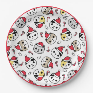 Cat Santa Hats Holiday Red White Kitty Heads Paper Plates