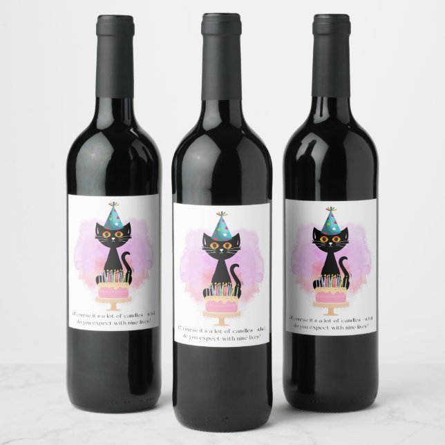 Cat | Sarcastic Party Hat Cat Funny Birthday Wine Label (Bottles)