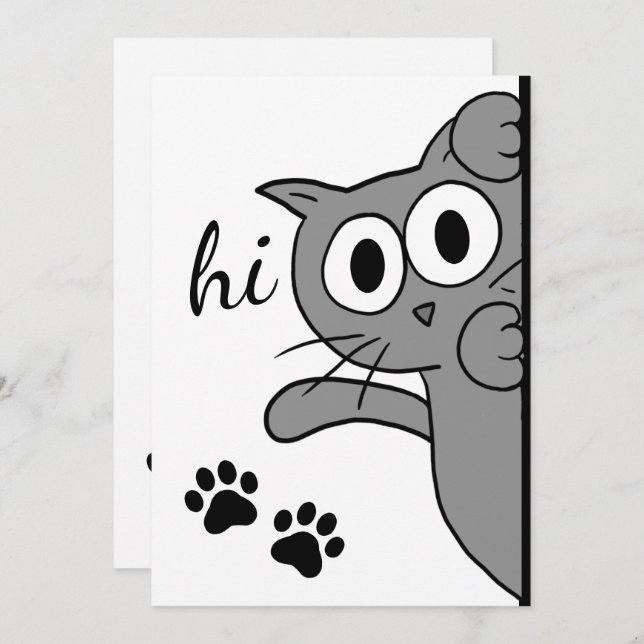 Cat Saying Hi Hello Gray Custom Text Flat Card (Front/Back)