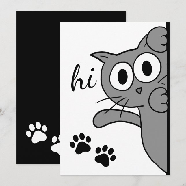Cat Saying Hi Hello Paw Print Gray Flat Card (Front/Back)