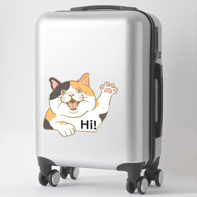 Cat Saying Hi Vinyl Sticker, Cat Sticker (Suitcase)