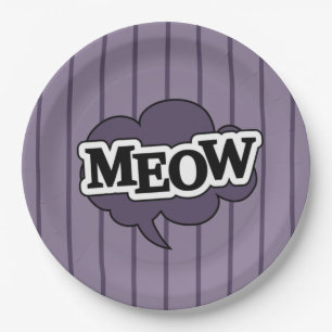 Cat says meow in purple stripes paper plates