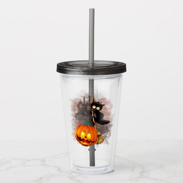 Cat Scared by Pumpkin Fun Halloween Character Acrylic Tumbler (Front)
